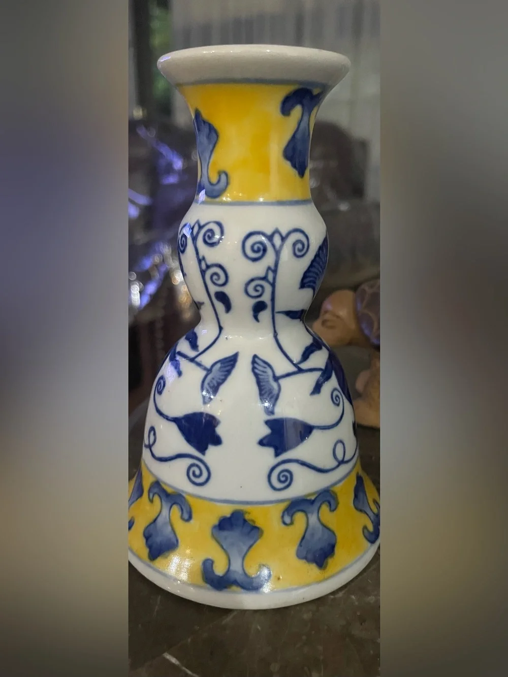 Yellow and Blue Porcelain Gourd Vase - Decorative Accent